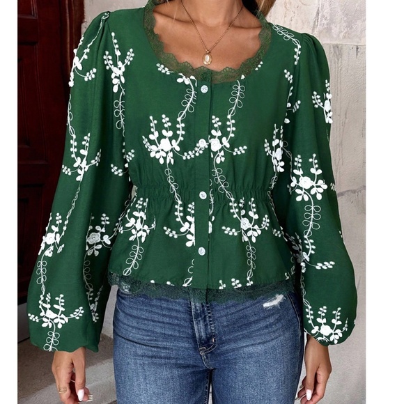Boho Semi Sheer Lace Button Down Embroidered Floral Top - Picture 4 of 6